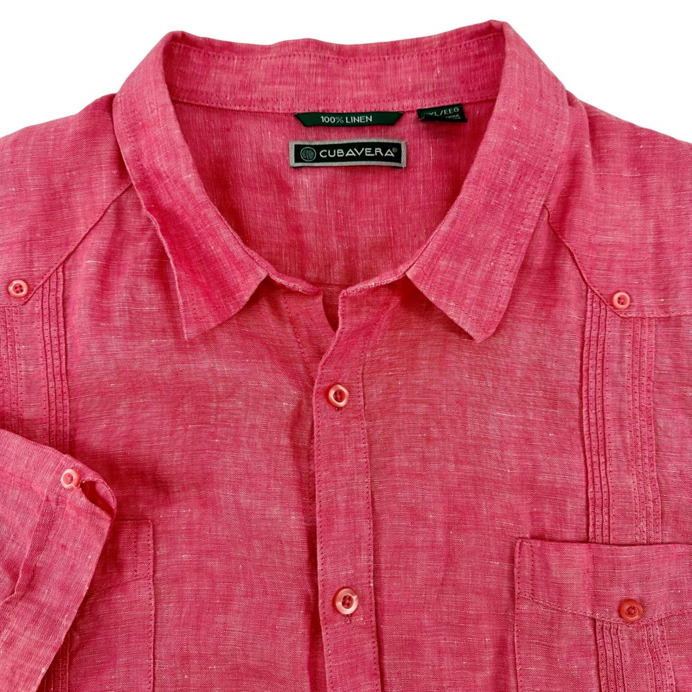Cubavera Mens XXL Pink 100% Linen Short Sleve Button Up Shirt Pintuck